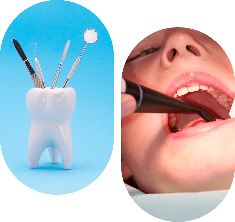 A tooth with toothbrushes in it and a child brushing its teeth.